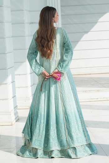 Shop_Monk & Mei By Sonia Anand_Blue Organza, Georgette V-neck Chikankari Lehenga Cape Set _at_Aza_Fashions