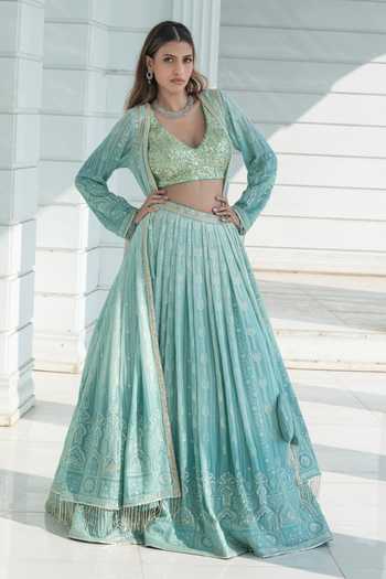Shop_Monk & Mei By Sonia Anand_Blue Organza, Georgette V-neck Chikankari Lehenga Cape Set _Online_at_Aza_Fashions