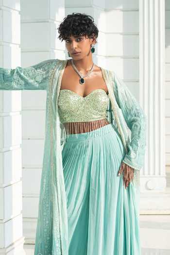 Buy_Monk & Mei By Sonia Anand_Blue Organza, Georgette Sequins Autumn Ombre Chikankari Cape And Palazzo Set _Online_at_Aza_Fashions