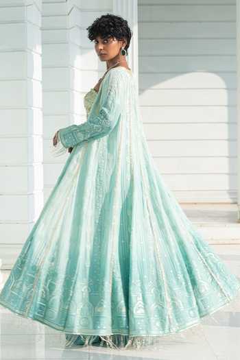 Shop_Monk & Mei By Sonia Anand_Blue Organza, Georgette Sequins Autumn Ombre Chikankari Cape And Palazzo Set _at_Aza_Fashions