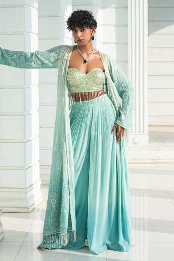 Buy_Monk & Mei By Sonia Anand_Blue Organza, Georgette Sequins Autumn Ombre Chikankari Cape And Palazzo Set _at_Aza_Fashions