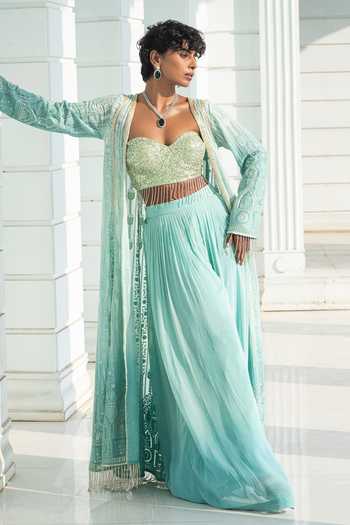 Monk & Mei By Sonia Anand_Blue Organza, Georgette Sequins Autumn Ombre Chikankari Cape And Palazzo Set _at_Aza_Fashions