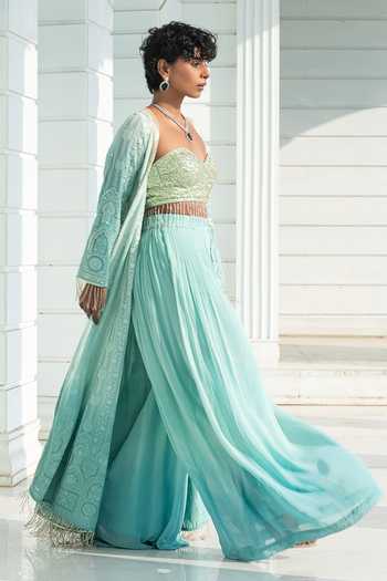 Buy_Monk & Mei By Sonia Anand_Blue Organza, Georgette Sequins Autumn Ombre Chikankari Cape And Palazzo Set 