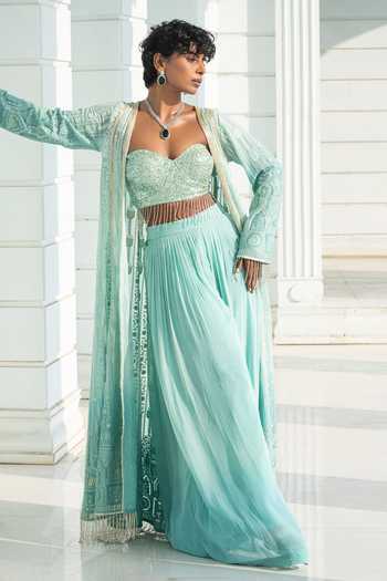 Shop_Monk & Mei By Sonia Anand_Blue Organza, Georgette Sequins Autumn Ombre Chikankari Cape And Palazzo Set 