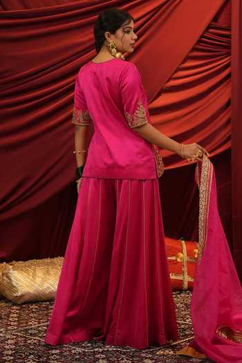 Shop_Nikunj By Niidhi Bajaj_Pink Silk, Net V-neck Adaa Embroidered Kurta Sharara Set _at_Aza_Fashions