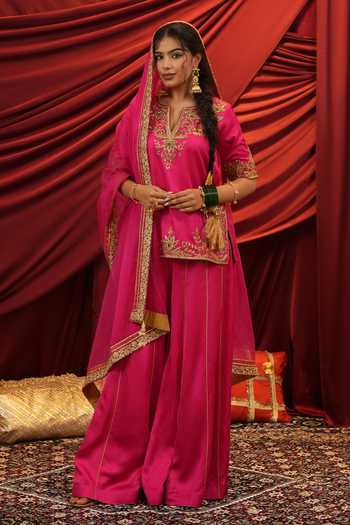 Buy_Nikunj By Niidhi Bajaj_Pink Silk, Net V-neck Adaa Embroidered Kurta Sharara Set _at_Aza_Fashions