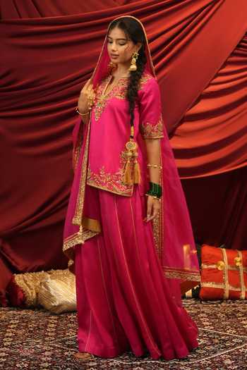 Buy_Nikunj By Niidhi Bajaj_Pink Silk, Net V-neck Adaa Embroidered Kurta Sharara Set _Online_at_Aza_Fashions