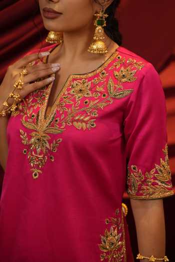 Shop_Nikunj By Niidhi Bajaj_Pink Silk, Net V-neck Adaa Embroidered Kurta Sharara Set _Online_at_Aza_Fashions