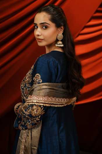 Shop_Nikunj By Niidhi Bajaj_Blue Silk, Tissue Split V-neck, Yes Heer Embroidered Kurta Salwar Set _at_Aza_Fashions