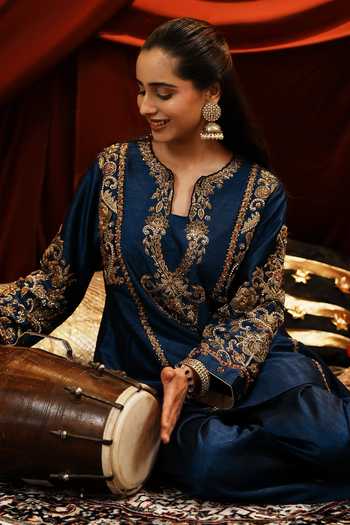 Buy_Nikunj By Niidhi Bajaj_Blue Silk, Tissue Split V-neck, Yes Heer Embroidered Kurta Salwar Set _Online_at_Aza_Fashions