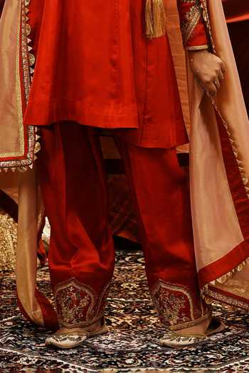 Buy_Nikunj By Niidhi Bajaj_Red Silk, Tissue V-neck Iknoor Embroidered Kurta Salwar Set _Online_at_Aza_Fashions
