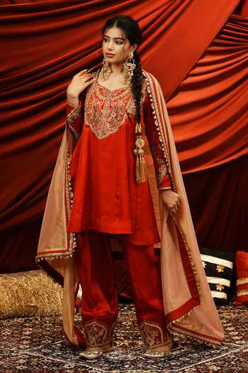 Buy_Nikunj By Niidhi Bajaj_Red Silk, Tissue V-neck Iknoor Embroidered Kurta Salwar Set _at_Aza_Fashions