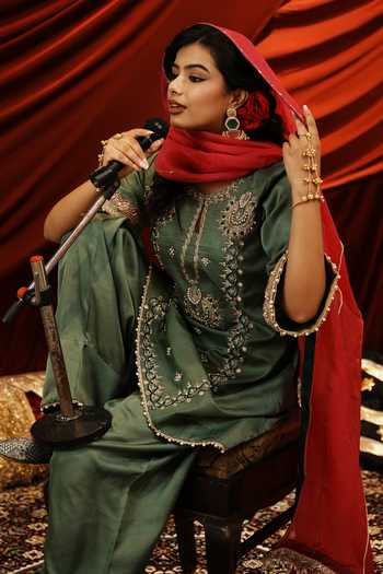 Nikunj By Niidhi Bajaj_Olive Green Silk, Net Round Neck, Yes Lajo Embroidered Kurta Salwar Set _Online_at_Aza_Fashions