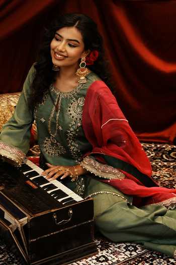 Buy_Nikunj By Niidhi Bajaj_Olive Green Silk, Net Round Neck, Yes Lajo Embroidered Kurta Salwar Set _Online_at_Aza_Fashions
