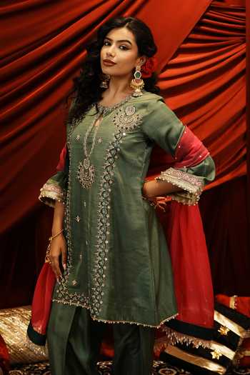 Shop_Nikunj By Niidhi Bajaj_Olive Green Silk, Net Round Neck, Yes Lajo Embroidered Kurta Salwar Set _Online_at_Aza_Fashions