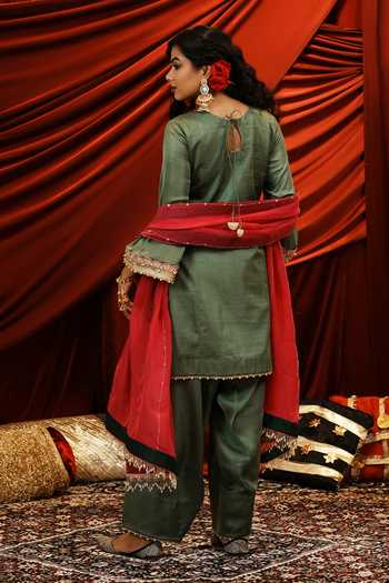 Shop_Nikunj By Niidhi Bajaj_Olive Green Silk, Net Round Neck, Yes Lajo Embroidered Kurta Salwar Set _at_Aza_Fashions