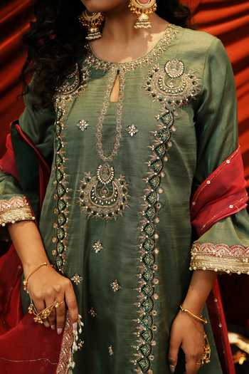 Nikunj By Niidhi Bajaj_Olive Green Silk, Net Round Neck, Yes Lajo Embroidered Kurta Salwar Set _at_Aza_Fashions