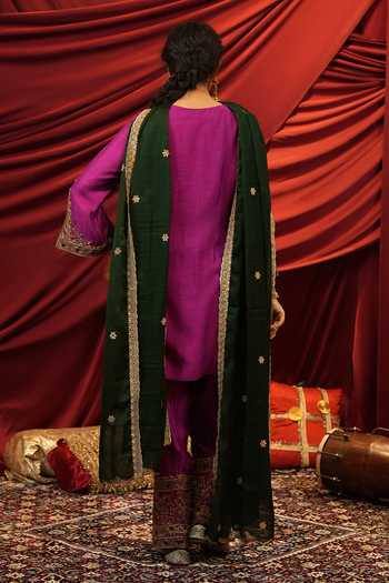 Shop_Nikunj By Niidhi Bajaj_Magenta Silk, Net Square Neck, Yes Mariyam Embroidered Kurta Salwar Set _at_Aza_Fashions