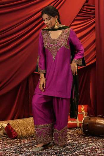 Shop_Nikunj By Niidhi Bajaj_Magenta Silk, Net Square Neck, Yes Mariyam Embroidered Kurta Salwar Set _Online_at_Aza_Fashions