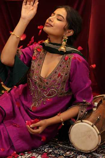 Nikunj By Niidhi Bajaj_Magenta Silk, Net Square Neck, Yes Mariyam Embroidered Kurta Salwar Set _at_Aza_Fashions