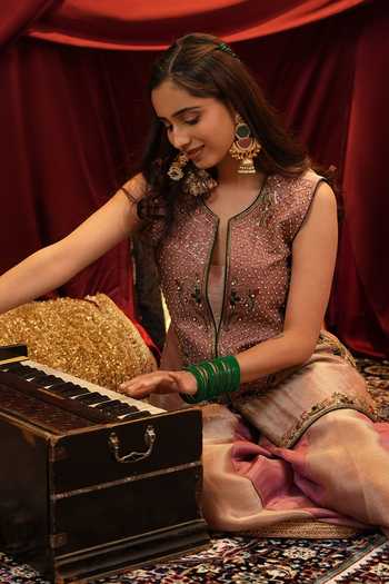Nikunj By Niidhi Bajaj_Rose Gold Silk, Tissue V-neck, Yes Rooh Embroidered Kurta Sharara Set _Online_at_Aza_Fashions