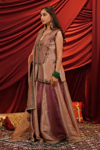 Buy_Nikunj By Niidhi Bajaj_Rose Gold Silk, Tissue V-neck, Yes Rooh Embroidered Kurta Sharara Set _Online_at_Aza_Fashions