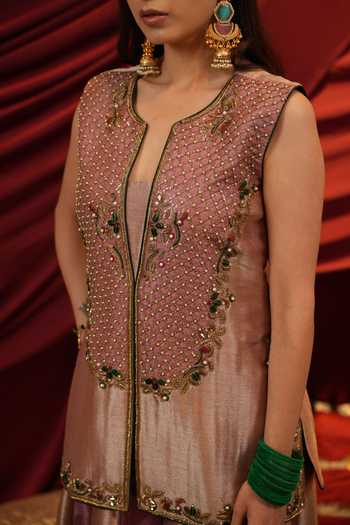 Shop_Nikunj By Niidhi Bajaj_Rose Gold Silk, Tissue V-neck, Yes Rooh Embroidered Kurta Sharara Set _Online_at_Aza_Fashions