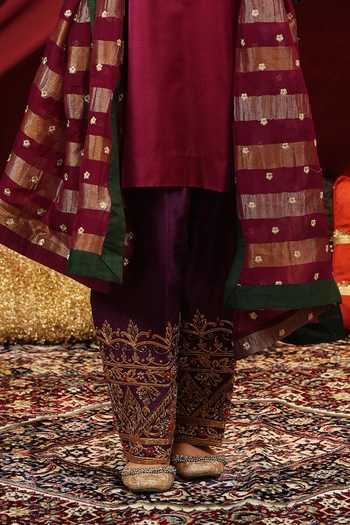 Nikunj By Niidhi Bajaj_Wine Silk, Tissue V-neck, Yes Roop Embroidered Kurta And Salwar Set _Online_at_Aza_Fashions