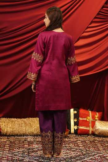 Shop_Nikunj By Niidhi Bajaj_Wine Silk, Tissue V-neck, Yes Roop Embroidered Kurta And Salwar Set _at_Aza_Fashions