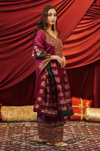 Shop_Nikunj By Niidhi Bajaj_Wine Silk, Tissue V-neck, Yes Roop Embroidered Kurta And Salwar Set _Online_at_Aza_Fashions