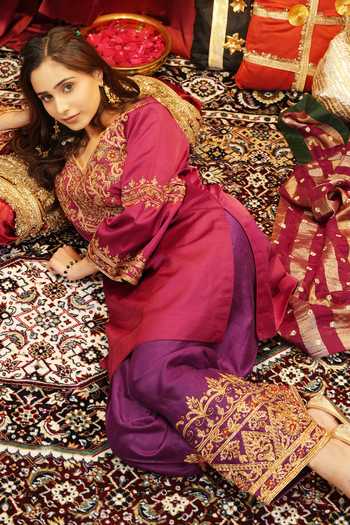 Nikunj By Niidhi Bajaj_Wine Silk, Tissue V-neck, Yes Roop Embroidered Kurta And Salwar Set _at_Aza_Fashions