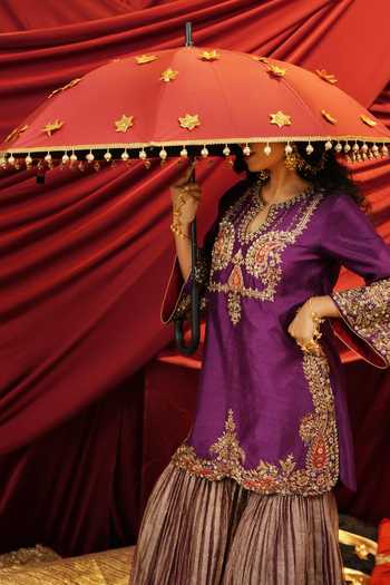 Nikunj By Niidhi Bajaj_Purple Silk, Tissue Keyhole Neck, Yes Sahiba Embroidered Kurta And Sharara Set _Online_at_Aza_Fashions