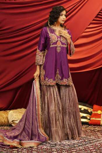 Buy_Nikunj By Niidhi Bajaj_Purple Silk, Tissue Keyhole Neck, Yes Sahiba Embroidered Kurta And Sharara Set _Online_at_Aza_Fashions