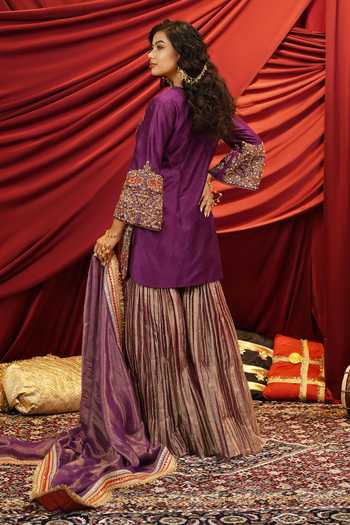 Shop_Nikunj By Niidhi Bajaj_Purple Silk, Tissue Keyhole Neck, Yes Sahiba Embroidered Kurta And Sharara Set _at_Aza_Fashions