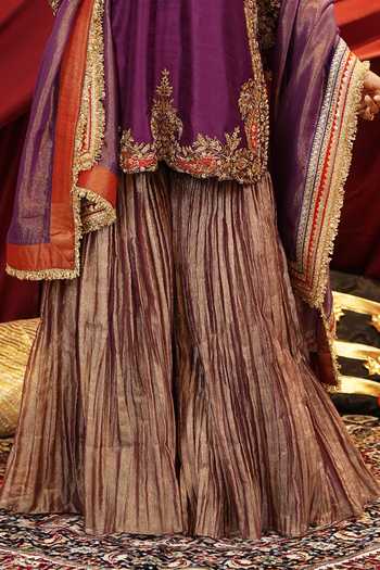 Shop_Nikunj By Niidhi Bajaj_Purple Silk, Tissue Keyhole Neck, Yes Sahiba Embroidered Kurta And Sharara Set _Online_at_Aza_Fashions