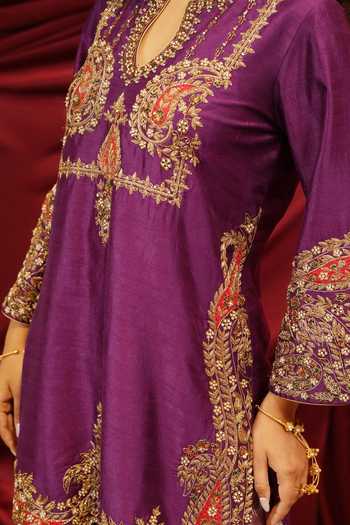 Nikunj By Niidhi Bajaj_Purple Silk, Tissue Keyhole Neck, Yes Sahiba Embroidered Kurta And Sharara Set _at_Aza_Fashions