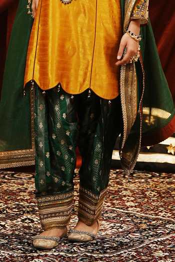 Nikunj By Niidhi Bajaj_Mustard Silk, Tissue V-neck Seerat Embroidered Kurta Salwar Set _Online_at_Aza_Fashions
