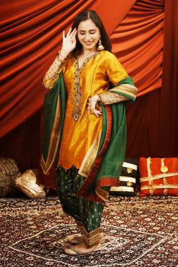 Buy_Nikunj By Niidhi Bajaj_Mustard Silk, Tissue V-neck Seerat Embroidered Kurta Salwar Set _Online_at_Aza_Fashions