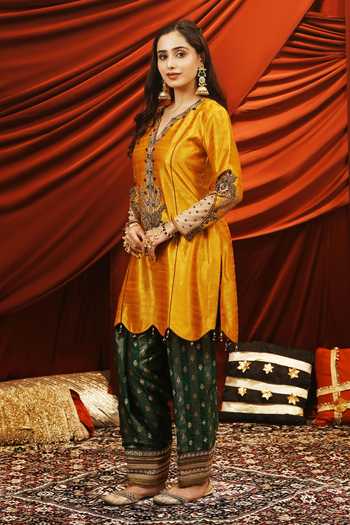 Shop_Nikunj By Niidhi Bajaj_Mustard Silk, Tissue V-neck Seerat Embroidered Kurta Salwar Set _Online_at_Aza_Fashions