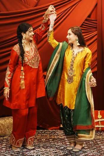 Nikunj By Niidhi Bajaj_Mustard Silk, Tissue V-neck Seerat Embroidered Kurta Salwar Set _at_Aza_Fashions