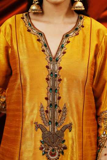Buy_Nikunj By Niidhi Bajaj_Mustard Silk, Tissue V-neck Seerat Embroidered Kurta Salwar Set 