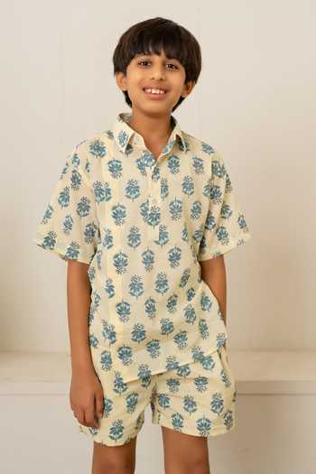 Shop_Pomcha Jaipur_Ivory Cotton Printed Shirt With Shorts _Online_at_Aza_Fashions
