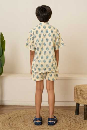 Pomcha Jaipur_Ivory Cotton Printed Shirt With Shorts _Online_at_Aza_Fashions