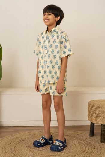 Pomcha Jaipur_Ivory Cotton Printed Shirt With Shorts _at_Aza_Fashions
