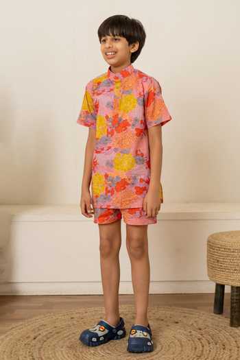Shop_Pomcha Jaipur_Pink Cotton Printed Shirt With Shorts _Online_at_Aza_Fashions