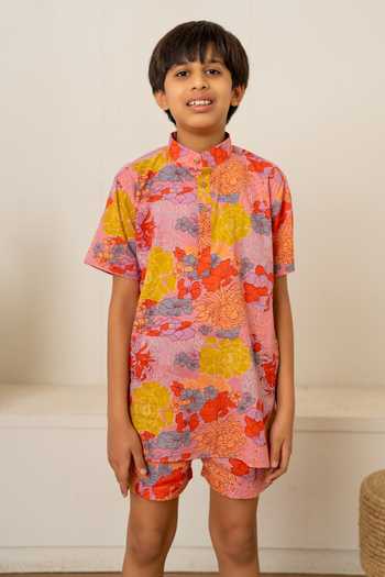 Shop_Pomcha Jaipur_Pink Cotton Printed Shirt With Shorts 