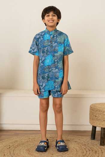 Buy_Pomcha Jaipur_Blue Cotton Printed Shirt With Shorts _at_Aza_Fashions