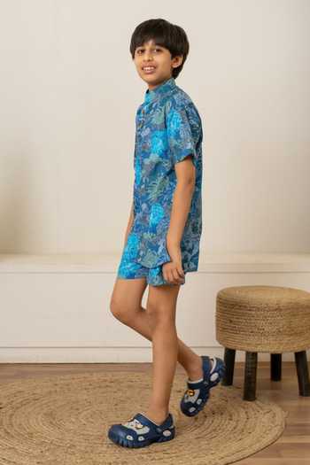 Shop_Pomcha Jaipur_Blue Cotton Printed Shirt With Shorts _Online_at_Aza_Fashions