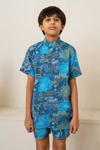 Buy_Pomcha Jaipur_Blue Cotton Printed Shirt With Shorts 