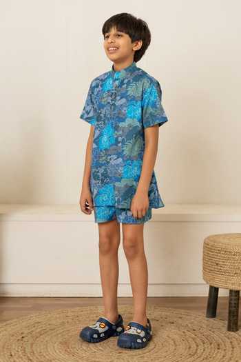 Shop_Pomcha Jaipur_Blue Cotton Printed Shirt With Shorts 